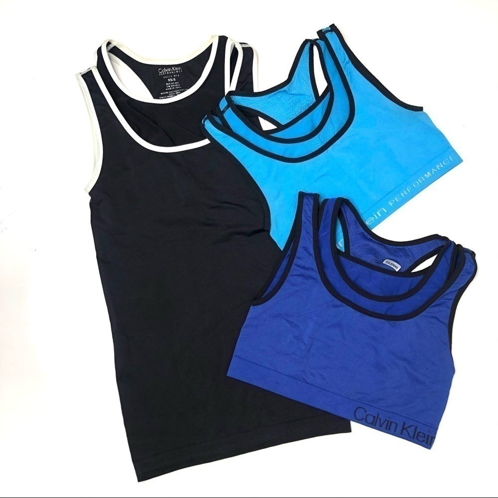 BUNDLE of 3 Calvin Klein Performance Quick Dry Blue Sports Bras & Black Tank Top